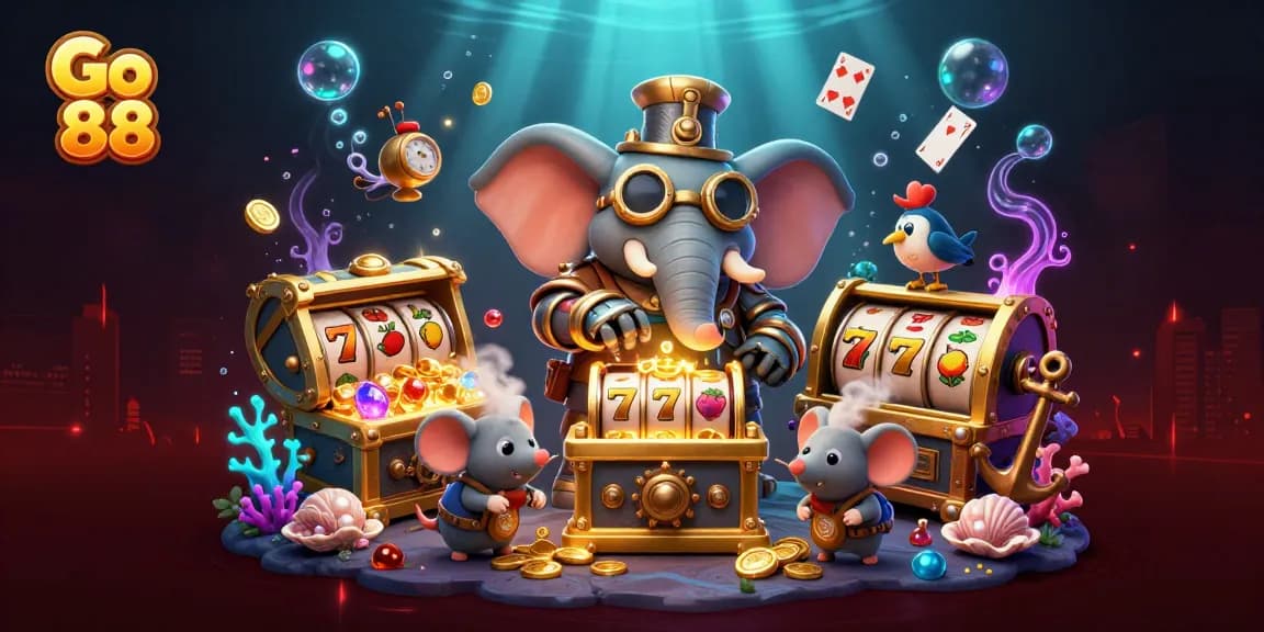 Experience thrilling wins at Go 88 with a vibrant steampunk casino adventure scene.