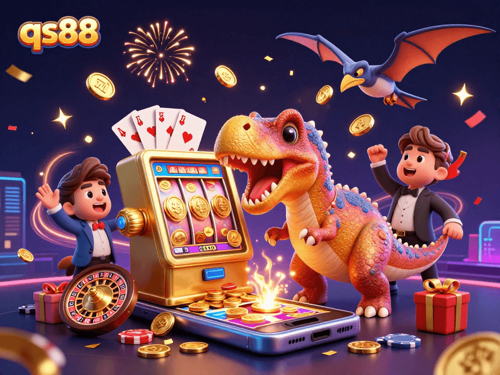 qs88 jackpot scene with a dinosaur and slot machine, capturing excitement and winning moments.