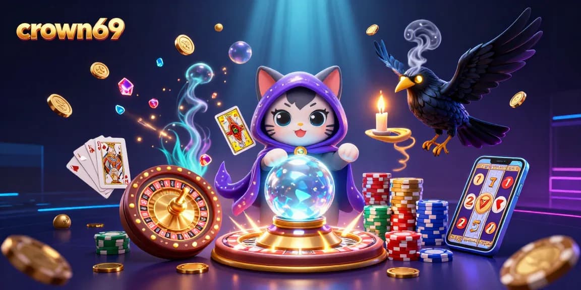 Experience crown69 with vibrant casino elements featuring a fortune teller cat and tarot raven.