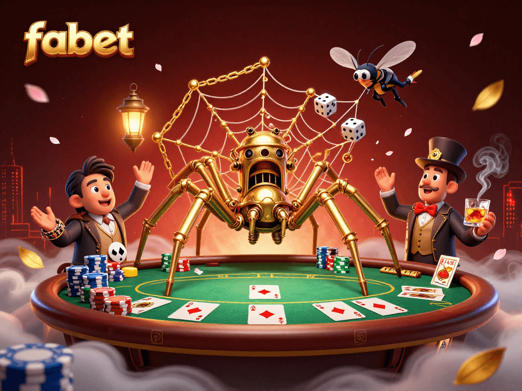 Engage with fabet's lively casino ambiance featuring a golden spider web and poker elements.
