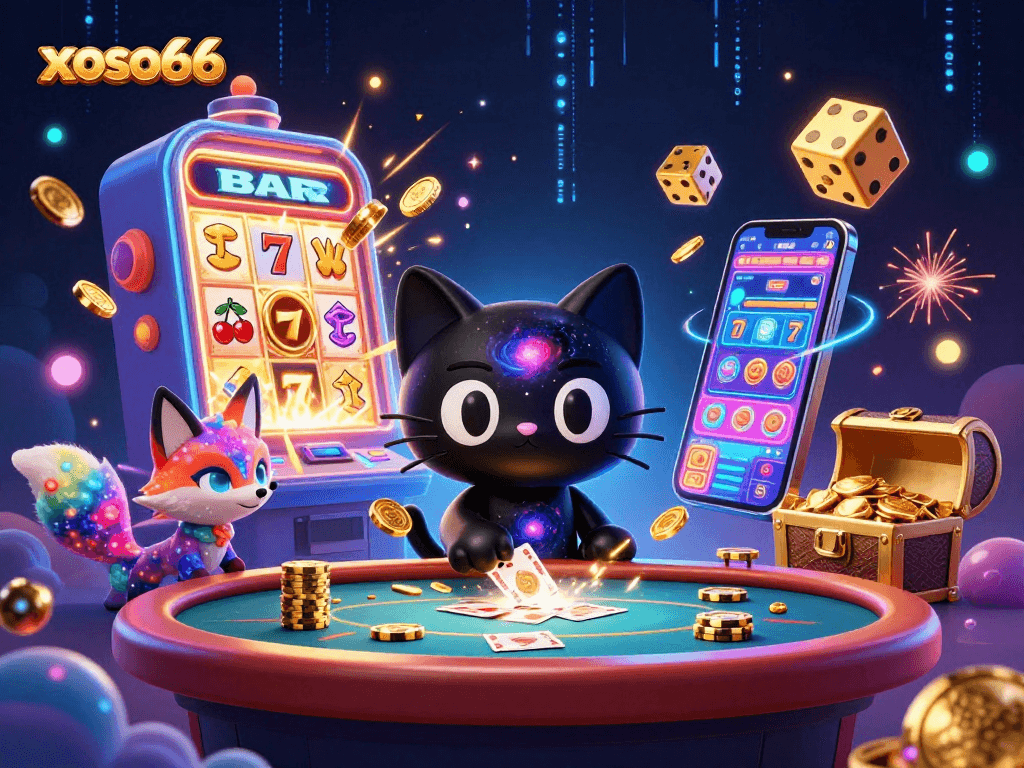 Experience the excitement of xoso66, where a cosmic casino cat gathers wins among vibrant slot machines and treasures.