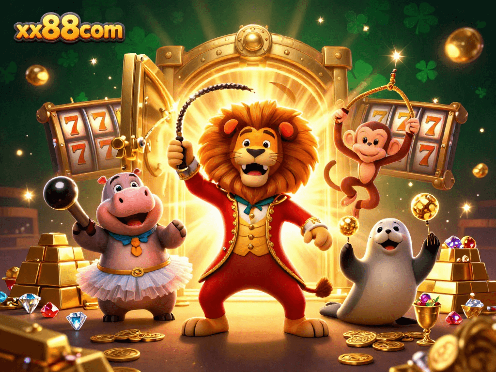 Engage with the exciting world of xx88com featuring vibrant circus-themed casino characters.