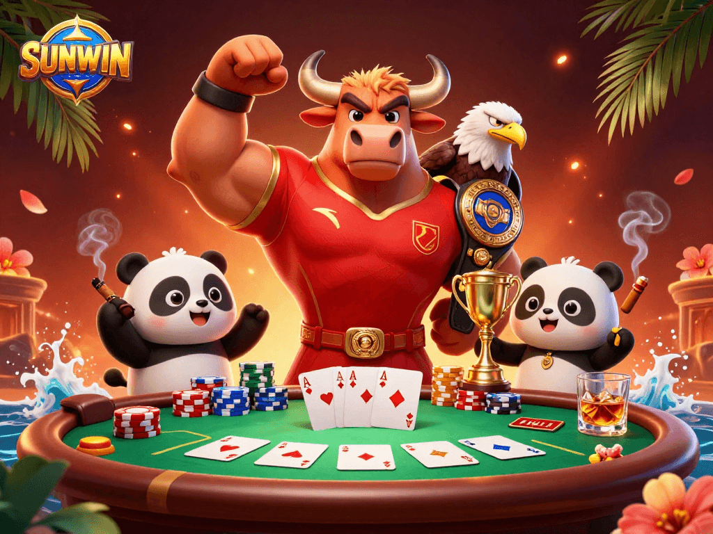 SUNWIN brings the excitement of poker and victory with a bull mascot, eagle, and panda in a vibrant casino scene.