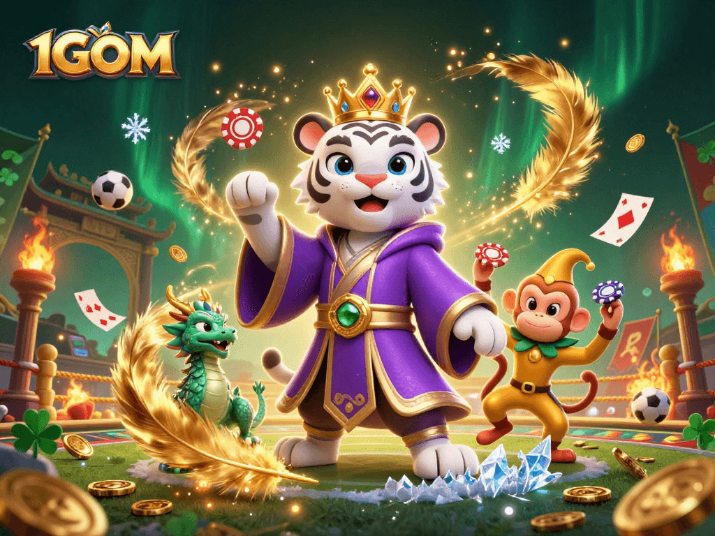 Engage with 1GOM's exciting betting atmosphere featuring a vibrant 3D tiger, jester monkey, and jade dragon.