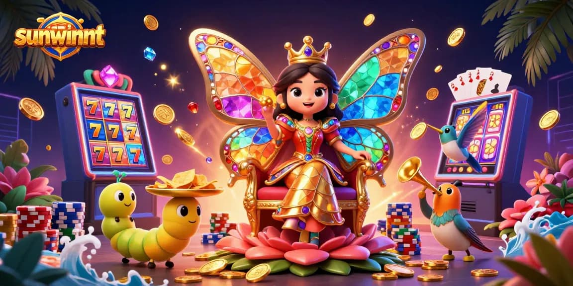 Experience the excitement of slots with sunwinnt's vibrant casino scene featuring a butterfly queen.