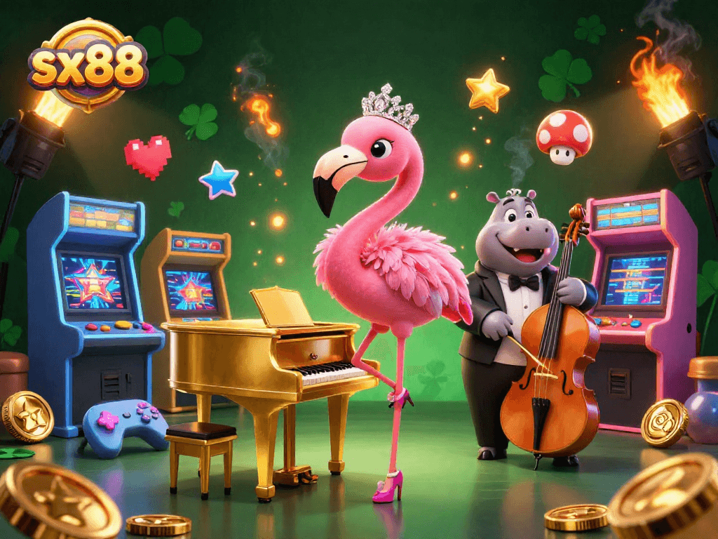 Engage with sx88 at the vibrant casino scene featuring characters and arcade elements.