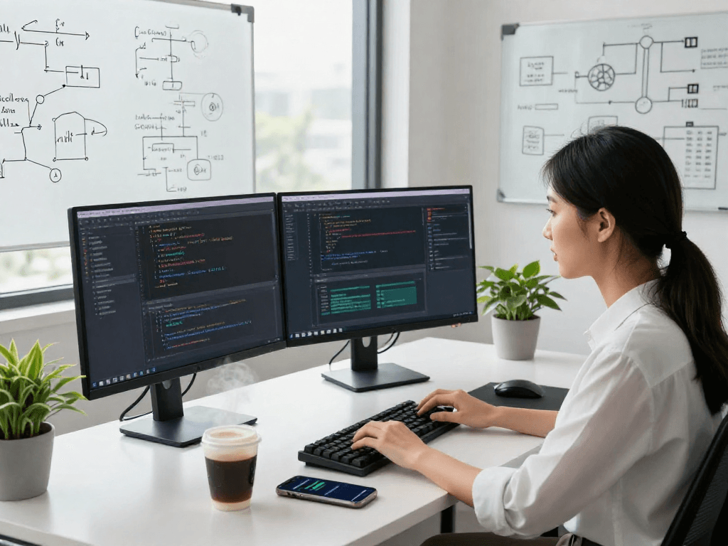 Software developer coding at a modern workspace, showcasing crush ai technology with dual monitors and collaborative environment.