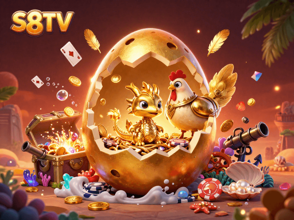 S8TV players enjoy exciting gameplay with a golden dragon and poker chips in a vibrant casino scene.
