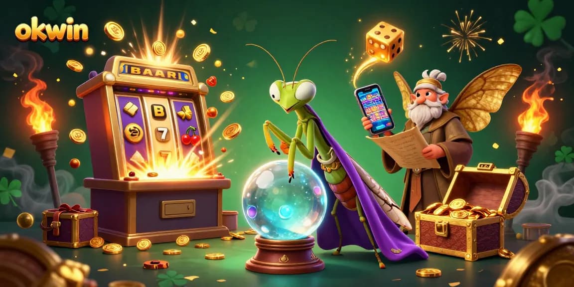 Engage with okwin's vibrant casino adventure featuring a joyful praying mantis and magical slot machine.