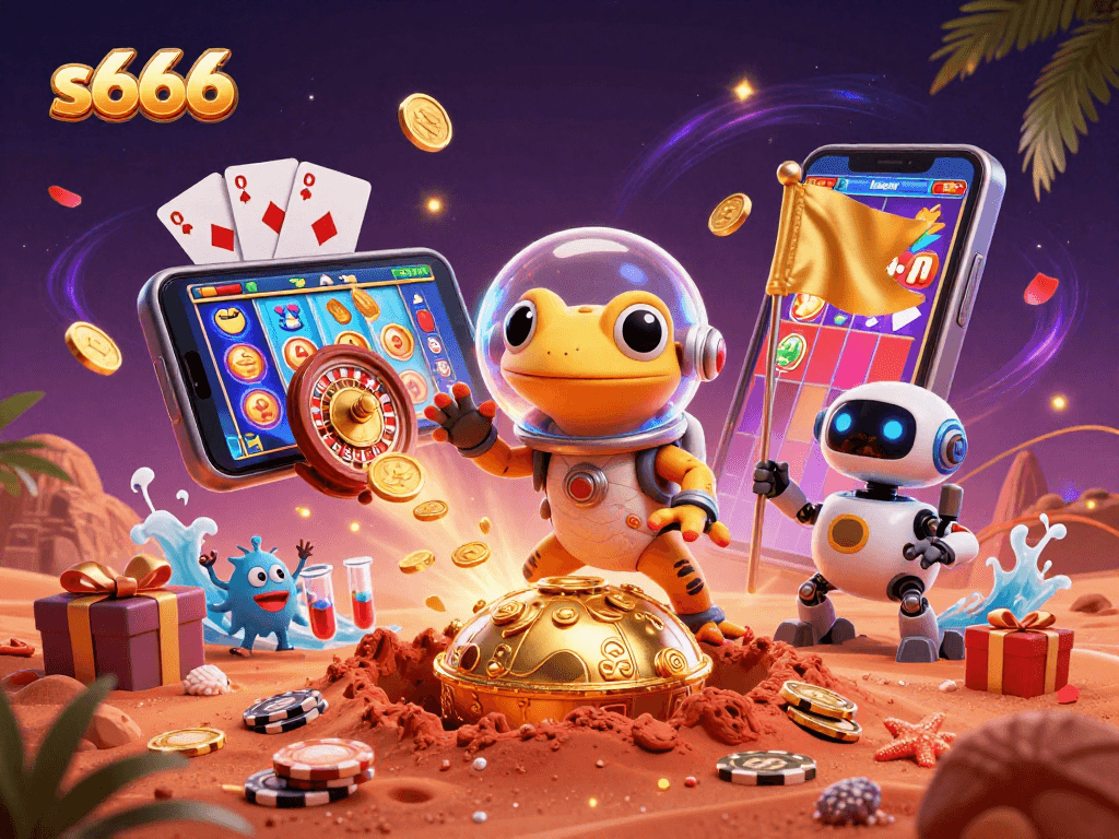 S666 casino adventure: Martian gecko discovers a golden casino with vibrant slot games and cheering bacteria.
