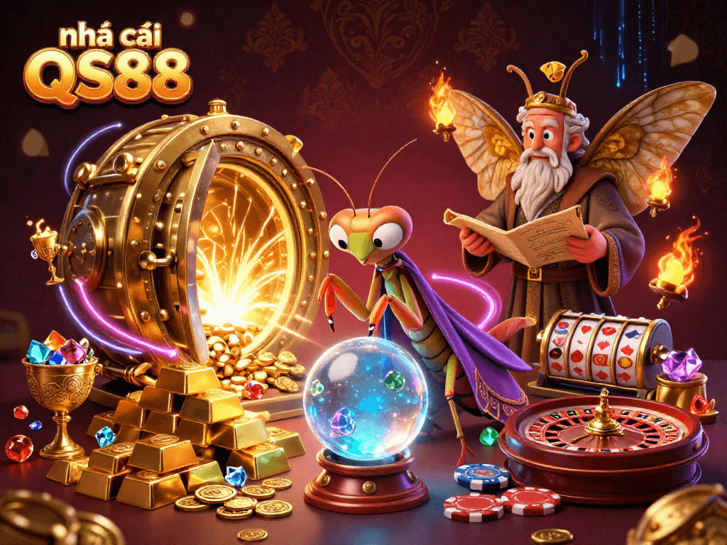 Engage with nhà cái QS88 through a vibrant casino scene filled with treasure and fortune.