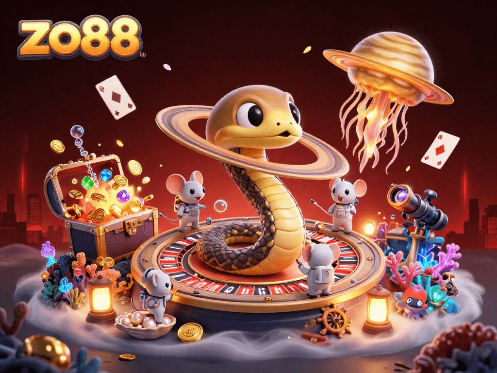 Experience thrilling bets at zo88 with a cosmic dealer and vibrant casino elements.