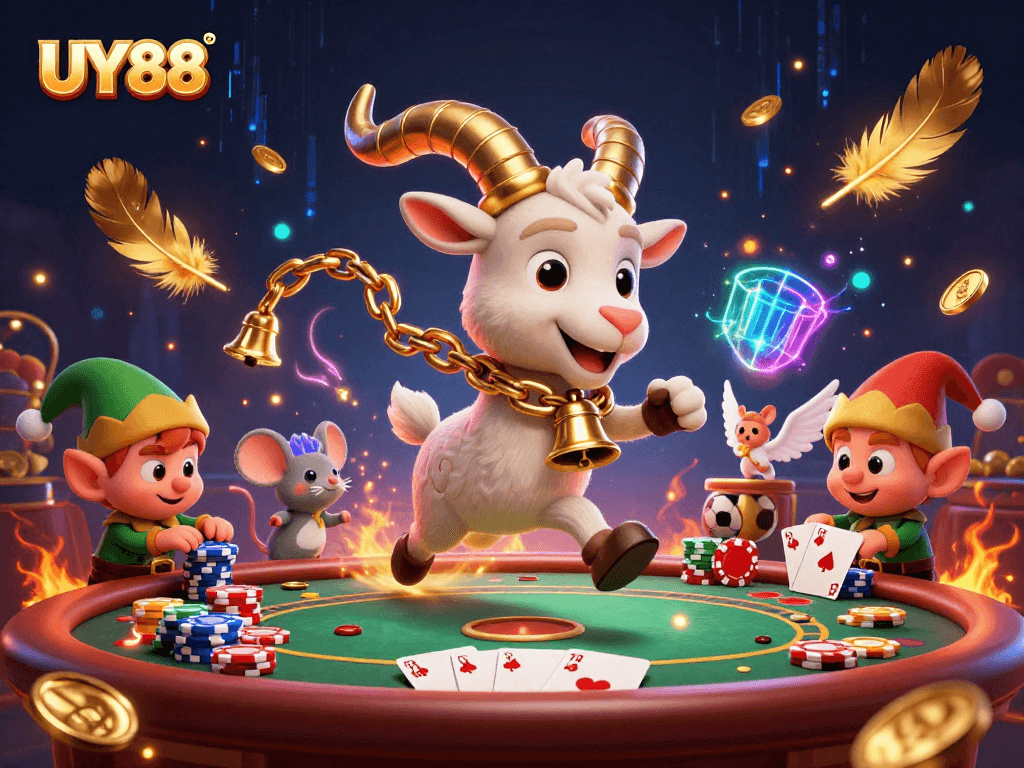 Join exciting gameplay at UY88 with dynamic 3D visuals featuring festive characters in a lively casino atmosphere.