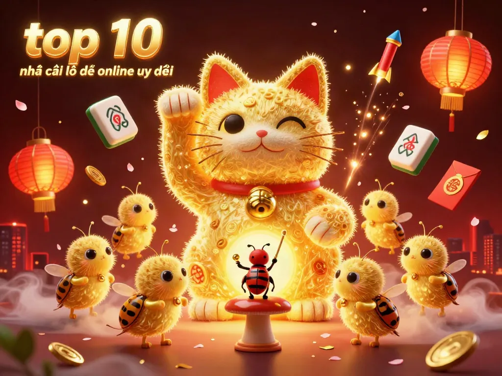 The vibrant illustration showcases top 10 nhà cái lô đề online uy tín with a giant lucky cat and casino symbols.