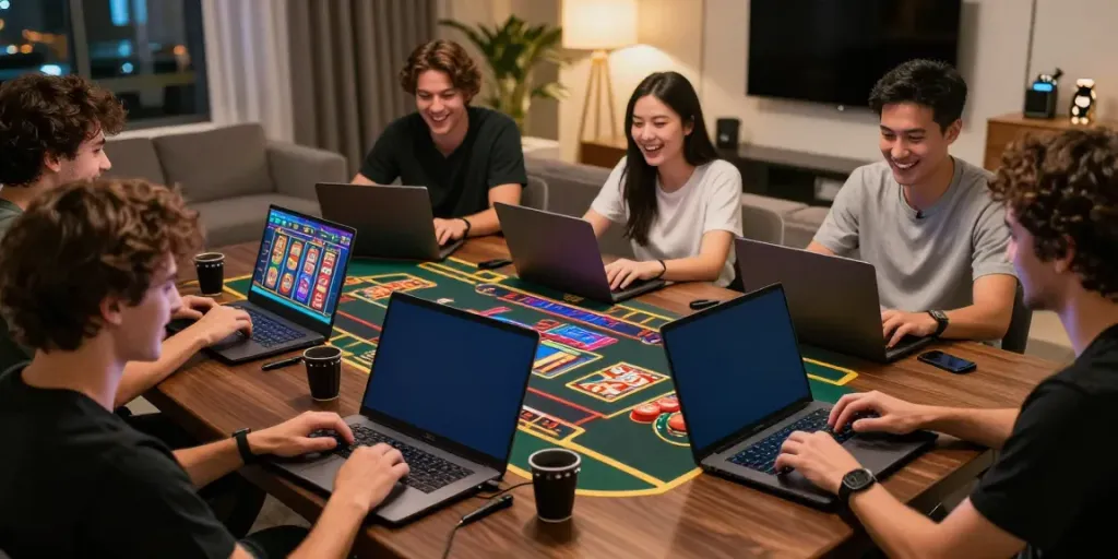Group of friends engaging with https://sunwint4.com/ for online gaming fun in a modern living space.