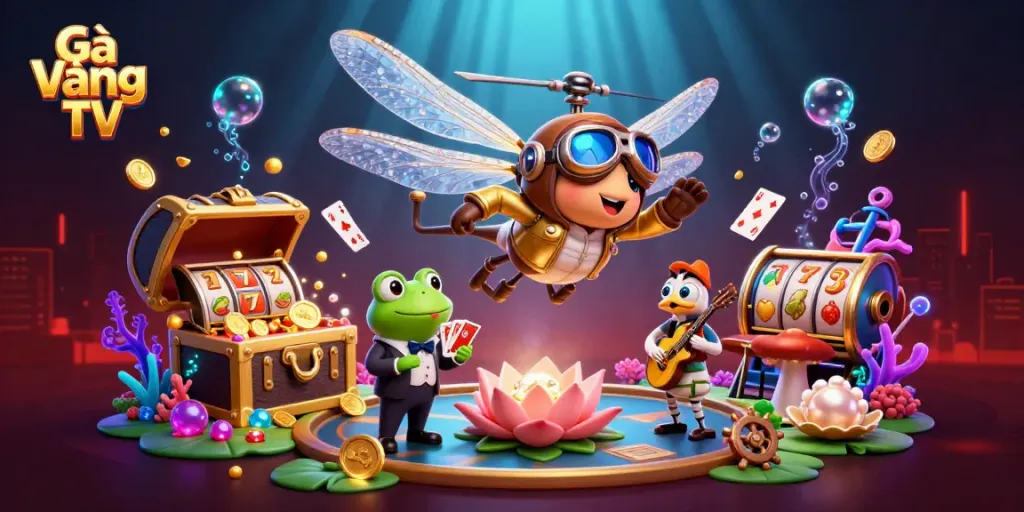 Engage in thrilling gaming at Gà Vàng TV with vibrant casino elements and characters.