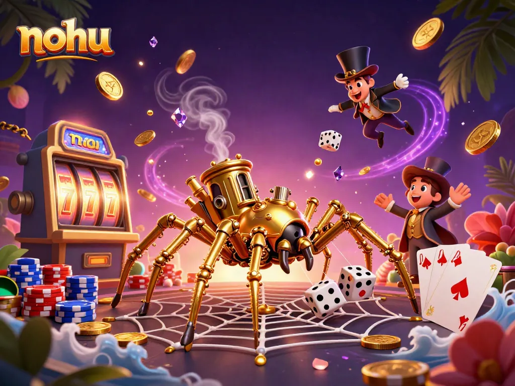Experience nohu jackpots with a captivating steampunk spider and a charming Victorian fly amidst thrilling casino scenes.