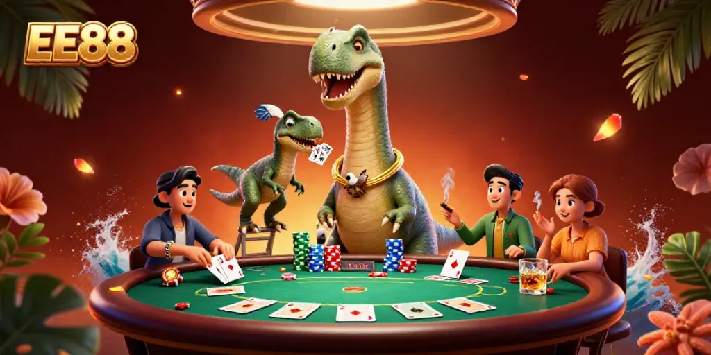 EE88-themed casino illustration showcasing a brontosaurus interacting with a poker game, vibrant details.