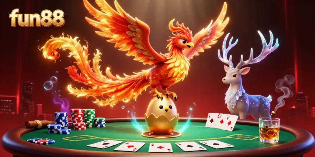 Experience the thrill of fun88 with a vibrant 3D casino illustration showcasing a phoenix, poker elements, and glowing effects.