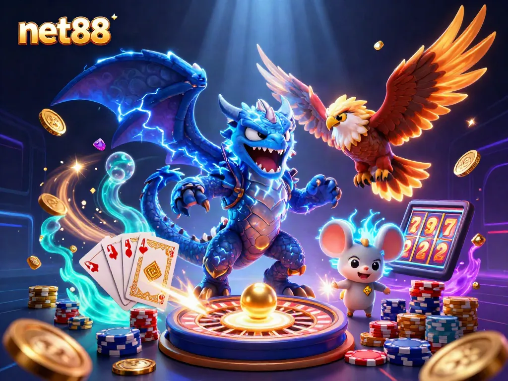 Engage with net88's electrifying 3D casino experience, featuring dynamic gaming elements and vivid characters.