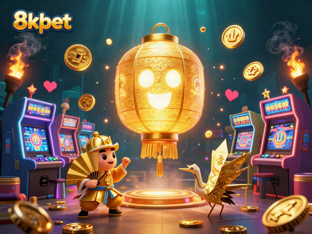 Experience thrilling wins at 8xbet with a vibrant 3D casino scene featuring golden lanterns and arcade games.