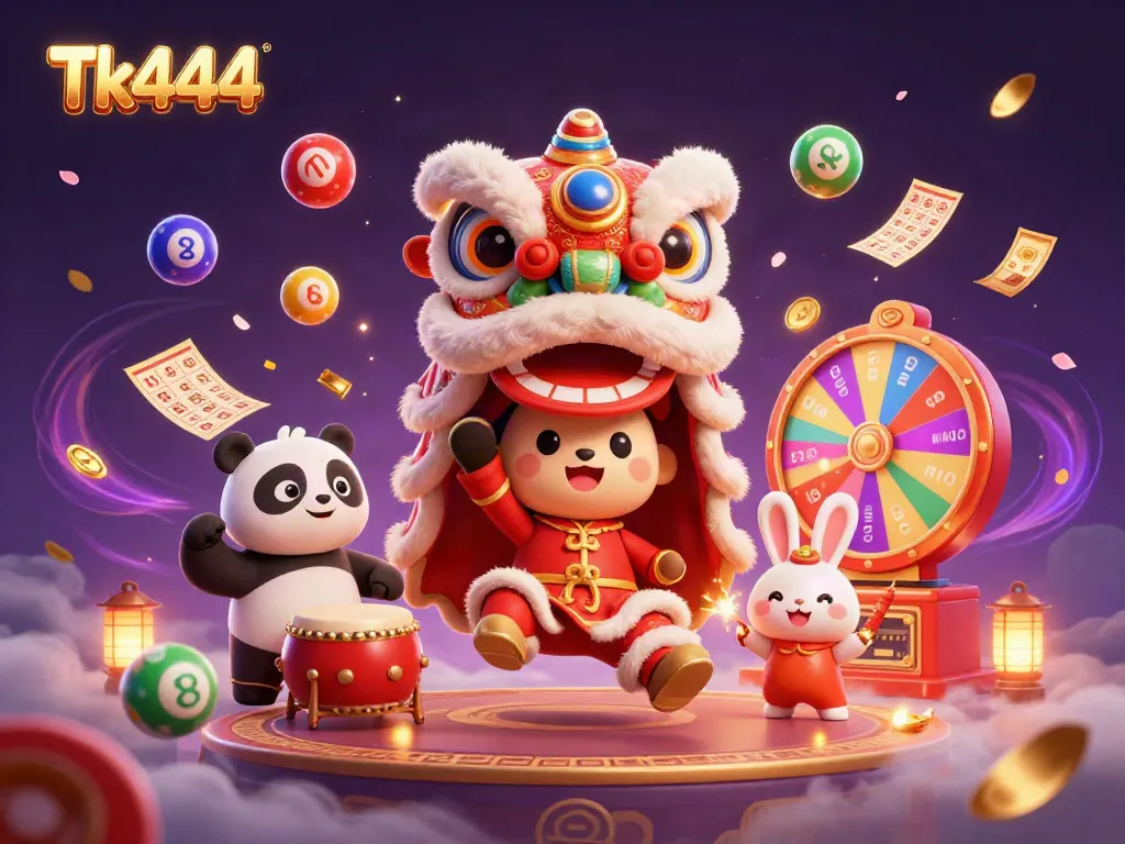 Engage in fun lottery activities with Tk444 featuring colorful balls, golden bingo cards, and lively game characters.