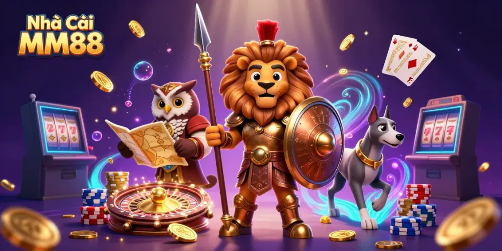 Exciting gameplay at Nhà Cái MM88 with a Spartan lion, an owl strategist, and a greyhound, all amidst vibrant casino elements.