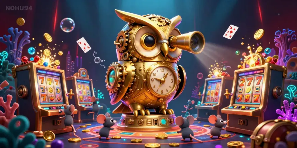 Experience NoHu94 with a captivating scene of a golden owl surveying a bustling casino floor filled with vibrant game elements.
