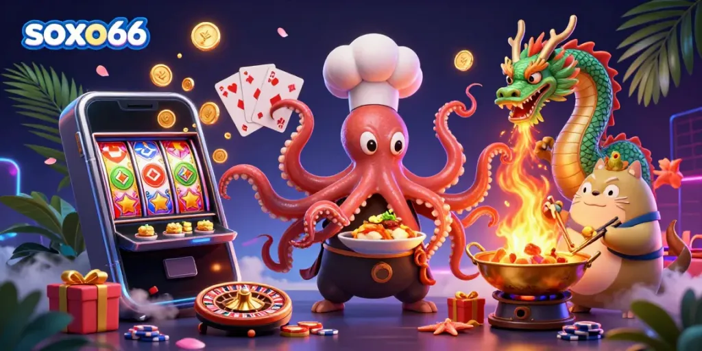 Soxo66 captivates players with a vibrant online casino scene featuring colorful slots and lively characters.