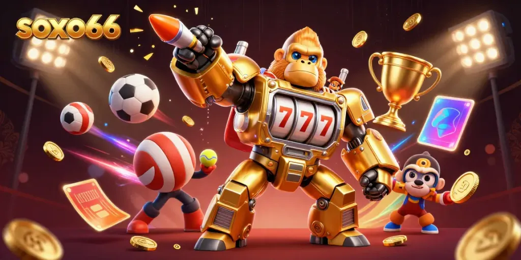 Engage players with soxo66 and dynamic sports betting elements in a vibrant casino-themed illustration.