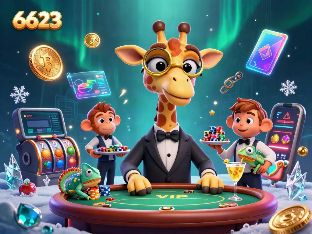 Experience thrilling gameplay with 6623 as a high-roller giraffe navigates a lively casino scene.