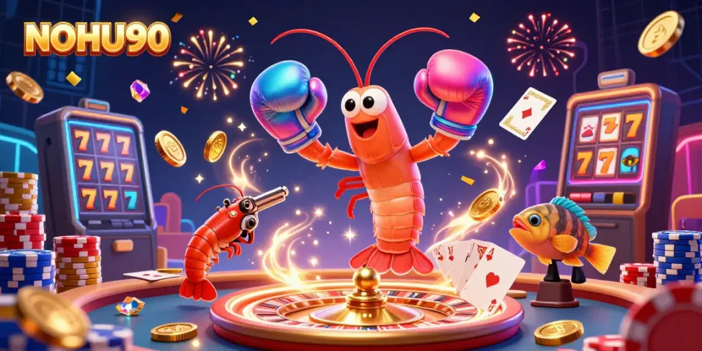 Experience thrilling wins at NOHU90 with vibrant characters in a dazzling casino scene full of excitement.