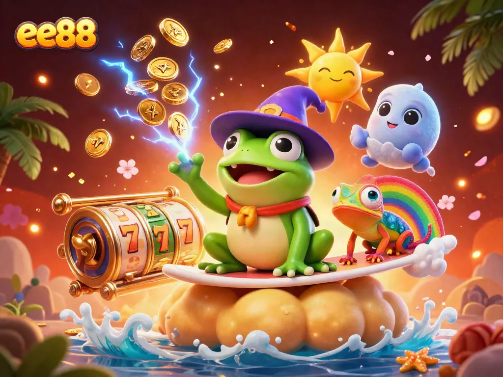 Experience the excitement of ee88 with a vibrant 3D scene featuring iconic casino elements.