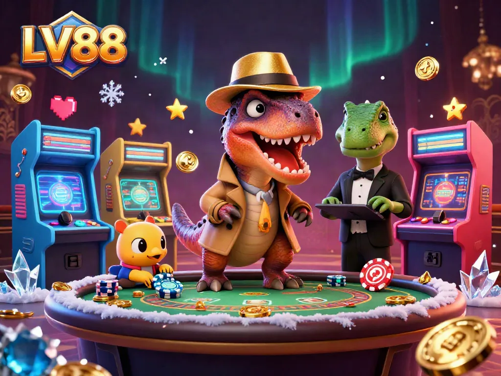 LV88 gaming action scene showcasing a velociraptor card counter at a blackjack table with vibrant casino elements.