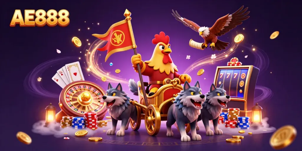 Engage in thrilling gameplay at AE888 with a rooster warlord and gold treasures.
