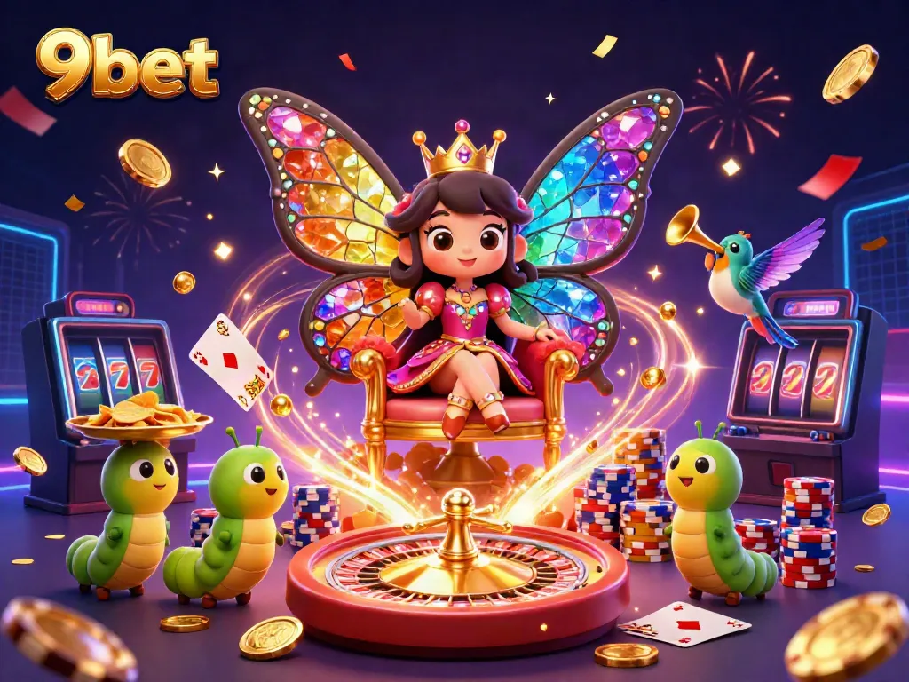 Immerse in 9bet's vibrant casino world with a magical butterfly queen, shimmering gems, and swirling coins.