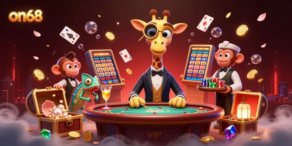 Engage in thrilling games at on68 with a vibrant 3D scene featuring a giraffe, monkey valet, and chameleon bartender in an exciting casino atmosphere.