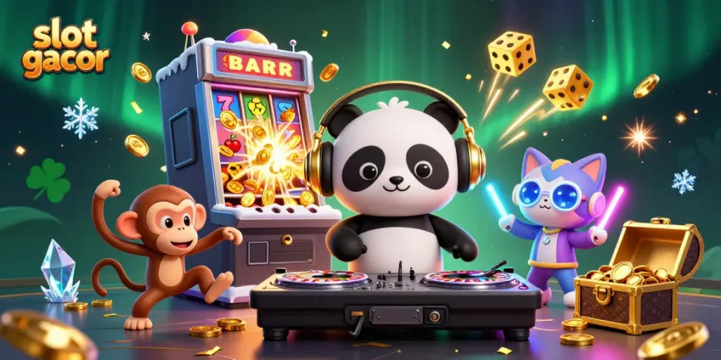 Ilustrasi ceria slot gacor dengan panda DJ, monyet penari, dan anak kucing di disco.