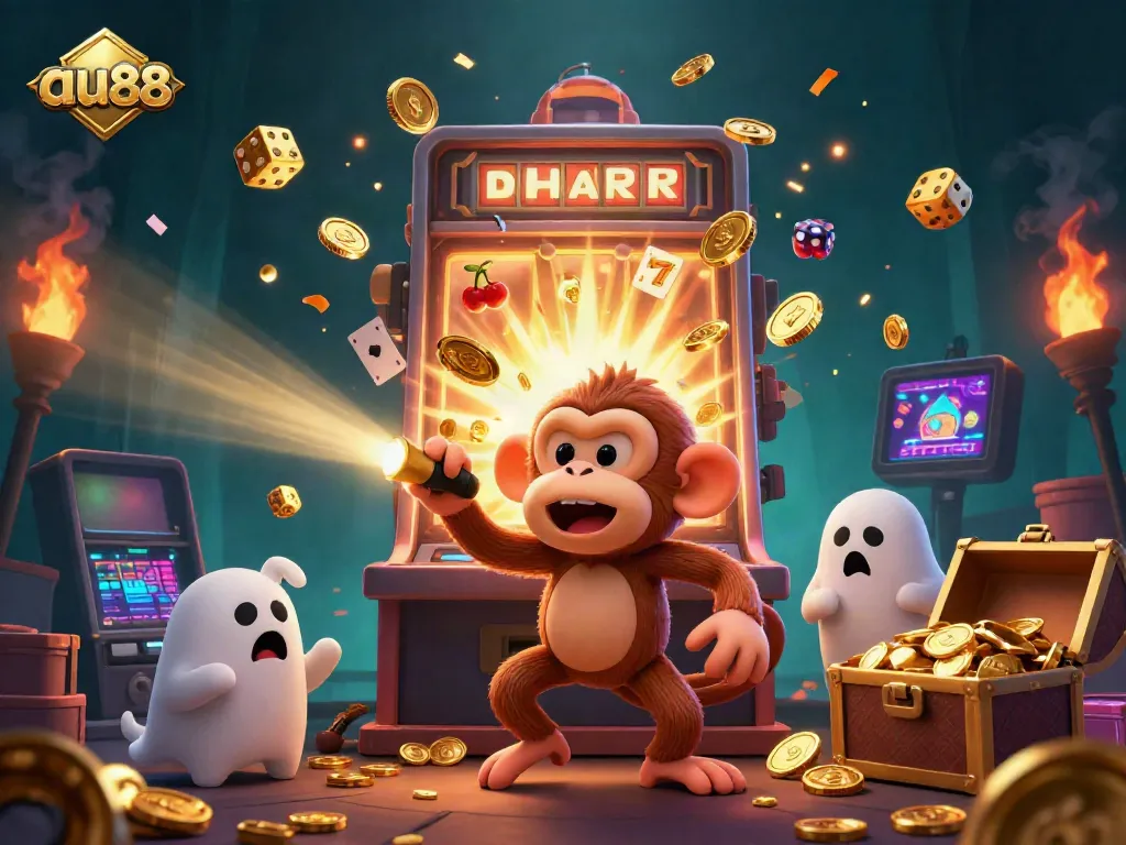 Experience the thrilling world of au88 with a vibrant 3D casino scene, featuring a mischievous monkey and ghost-hunter puppy.