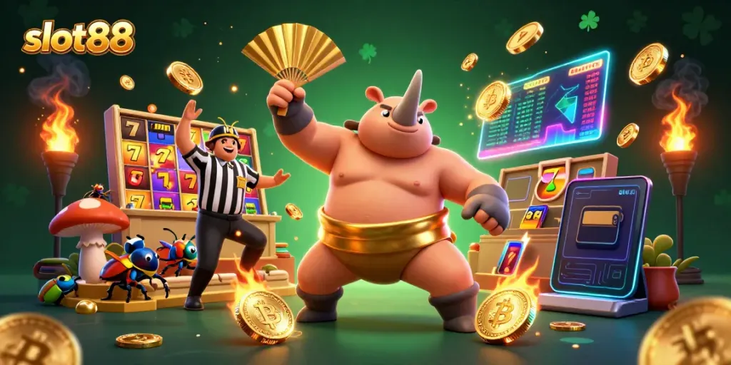 Slot88 menghibur dengan kejuaraan bug badak, uang emas terbang, dan mesin slot yang menyala.