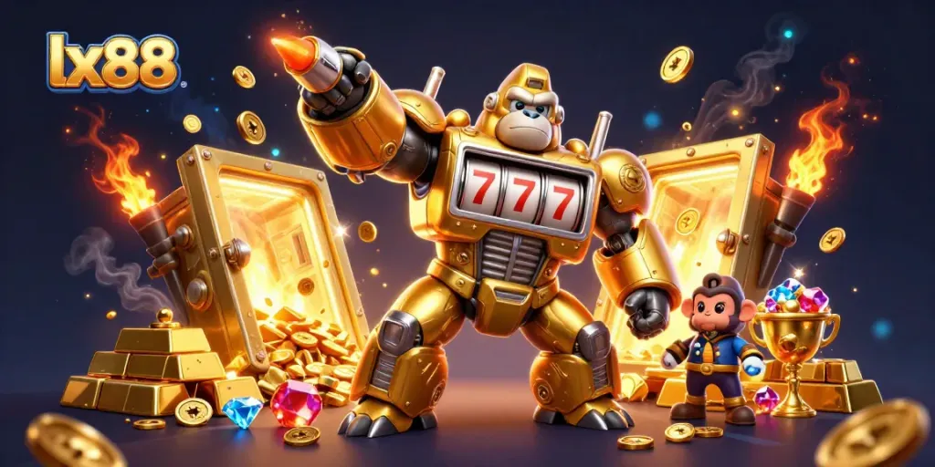 Engage with lx88's vibrant winning atmosphere through an epic 3D casino mech battle scene.