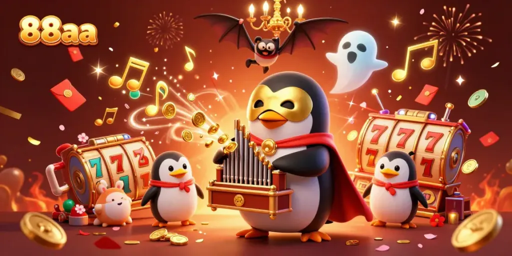 Play slots with 88aa featuring a cartoon penguin organist surrounded by golden coins and festive elements.