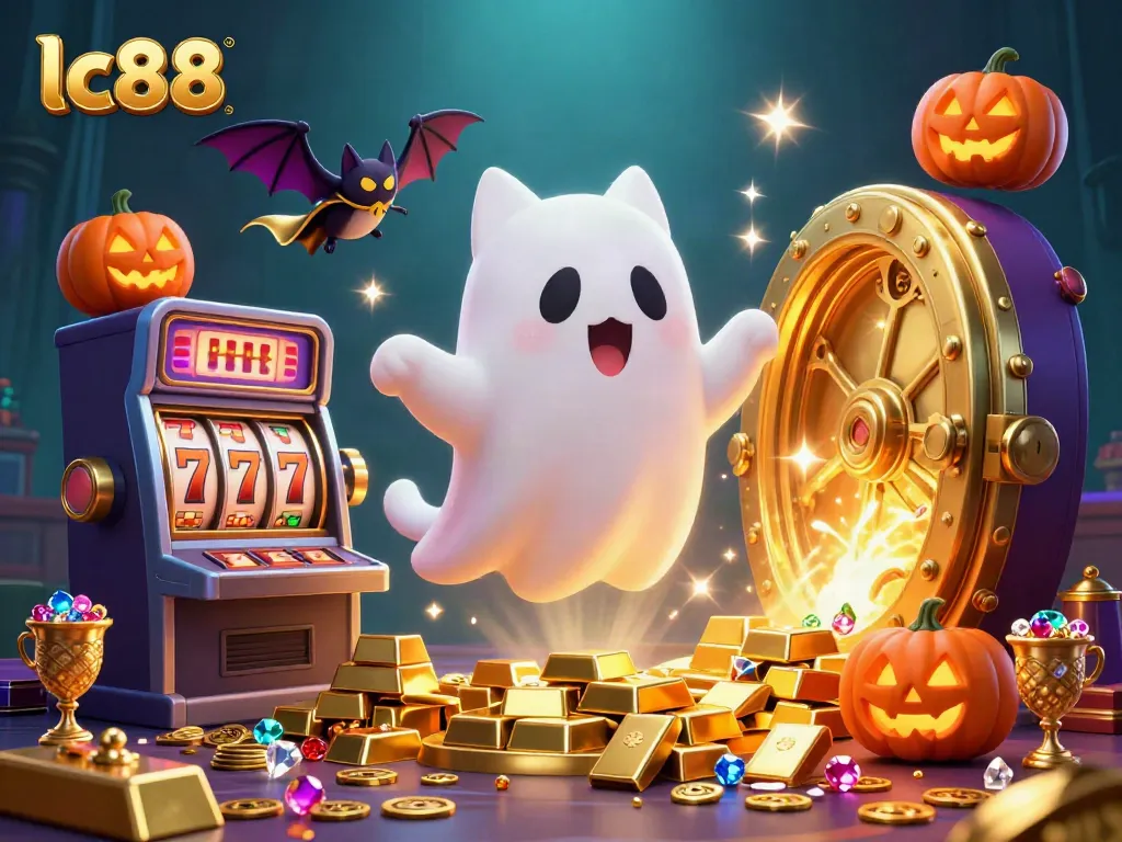 Experience thrilling slots with lc88's ghost cat in a haunted casino illustration.