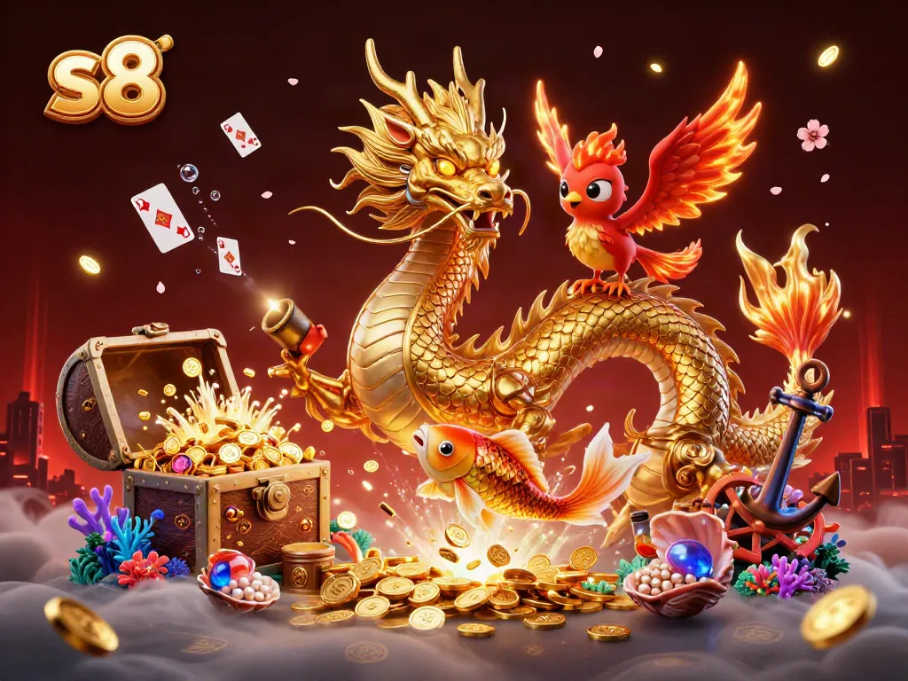 Experience the vibrant energy of S8 in this ultra-detailed 3D illustration featuring majestic casino-themed characters and elements.