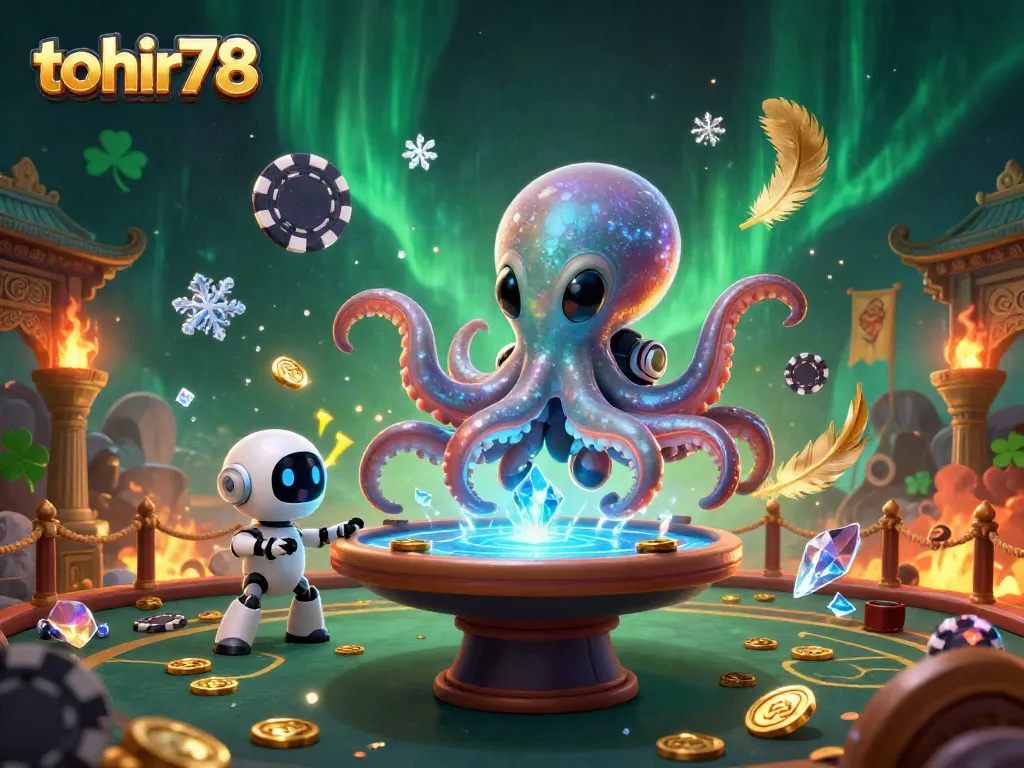 Play poker with the vibrant tohir78 alien octopus in this captivating cosmic casino scene.