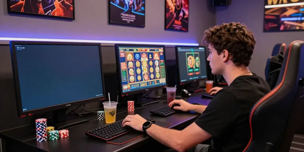 ASLOTRE: Pemain slot online yang fokus pada laptop dengan pengalaman bermain yang menarik.