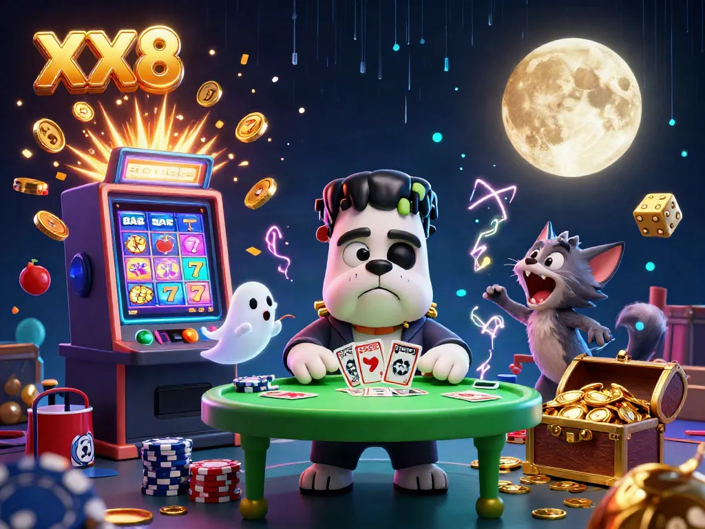 Engage with XX8 as our cartoon characters deal cards at a dynamic casino scene, filled with excitement.