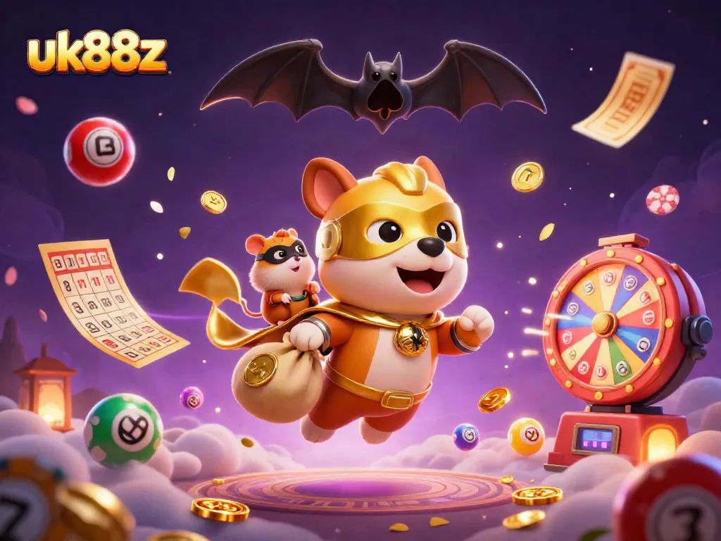 Experience winning vibes with uk88z, where a superhero dog flies amidst vibrant casino elements and dynamic gaming action.