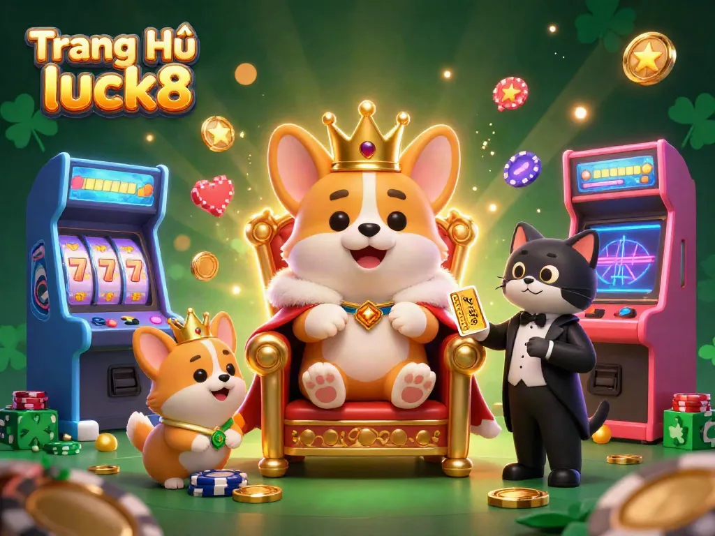 Experience excitement with Trang Chủ luck8 as a royal corgi rules the casino scene amidst glowing slot machines.