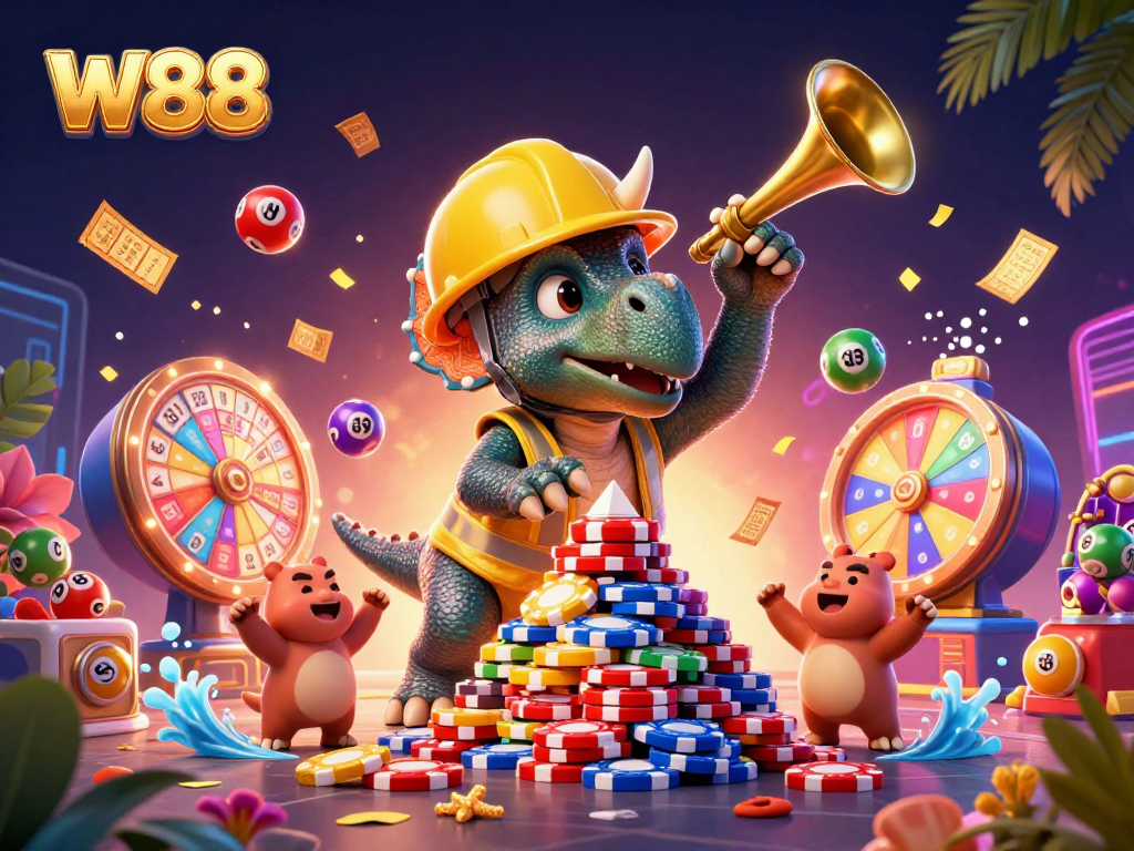 Experience excitement with W88 as a triceratops builds poker chip tower in a vibrant casino scene.